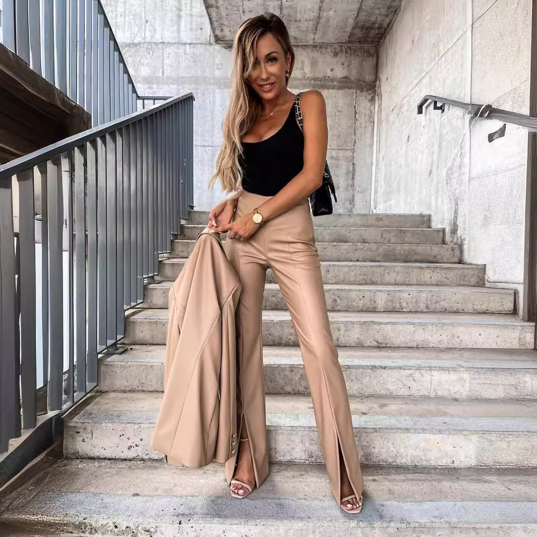 Elegant Slim Fit Slit Leather Pants