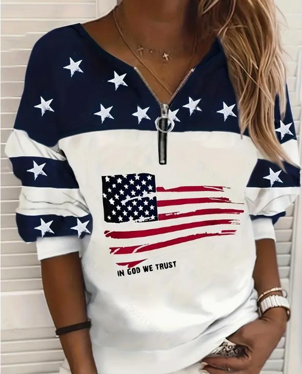 Trendy USA Flag Sweatshirt Half Zipper Sweater