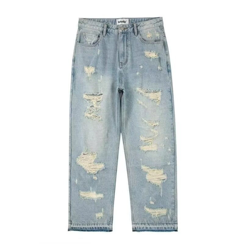 Men's Water Washed Hole Retro Street Wide Leg Jeans