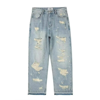 Men's Water Washed Hole Retro Street Wide Leg Jeans