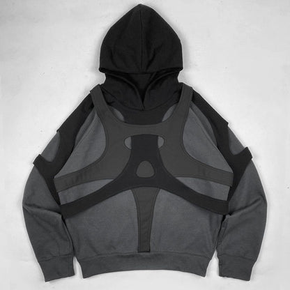 Women Stitching Black Zipper Hooded Sweatshirt