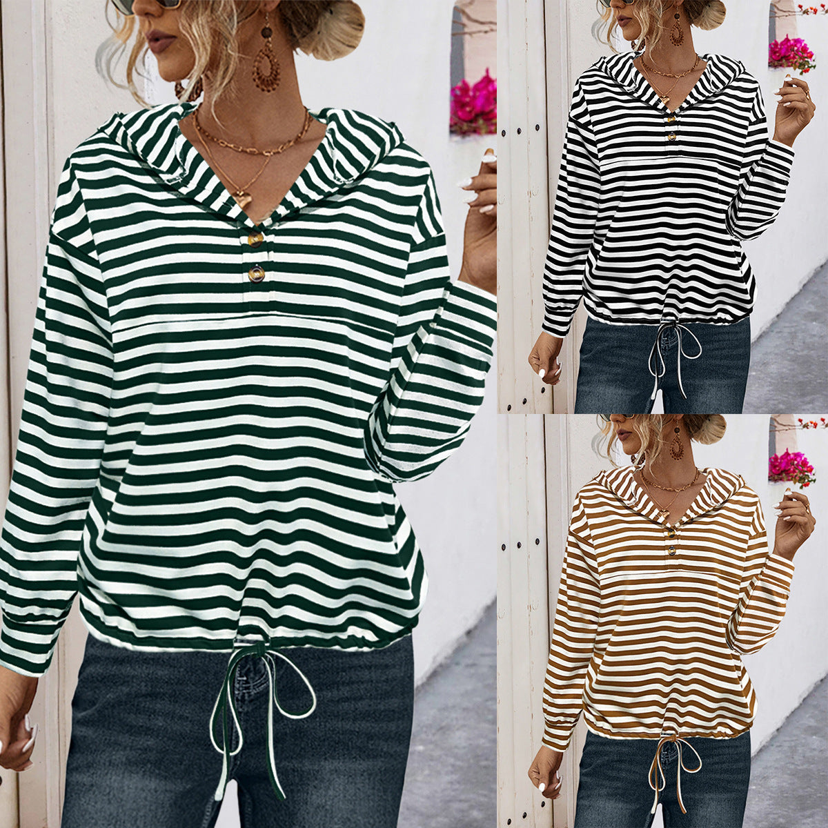 Elegant Women's Button Striped Hooded Sweater
