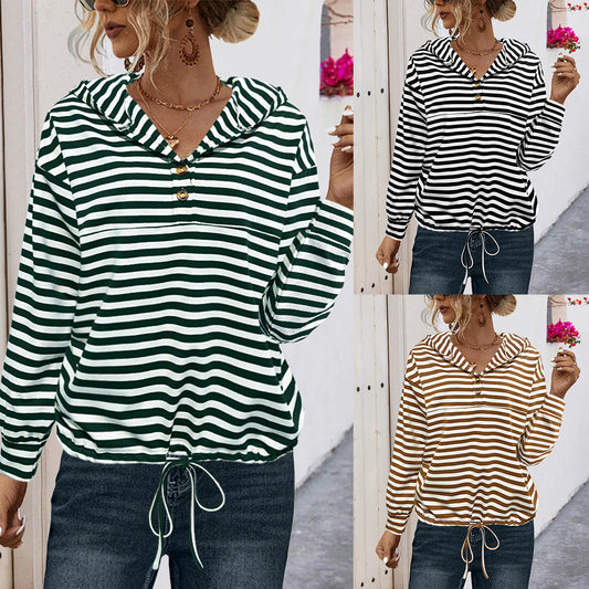 Elegant Women's Button Striped Hooded Sweater