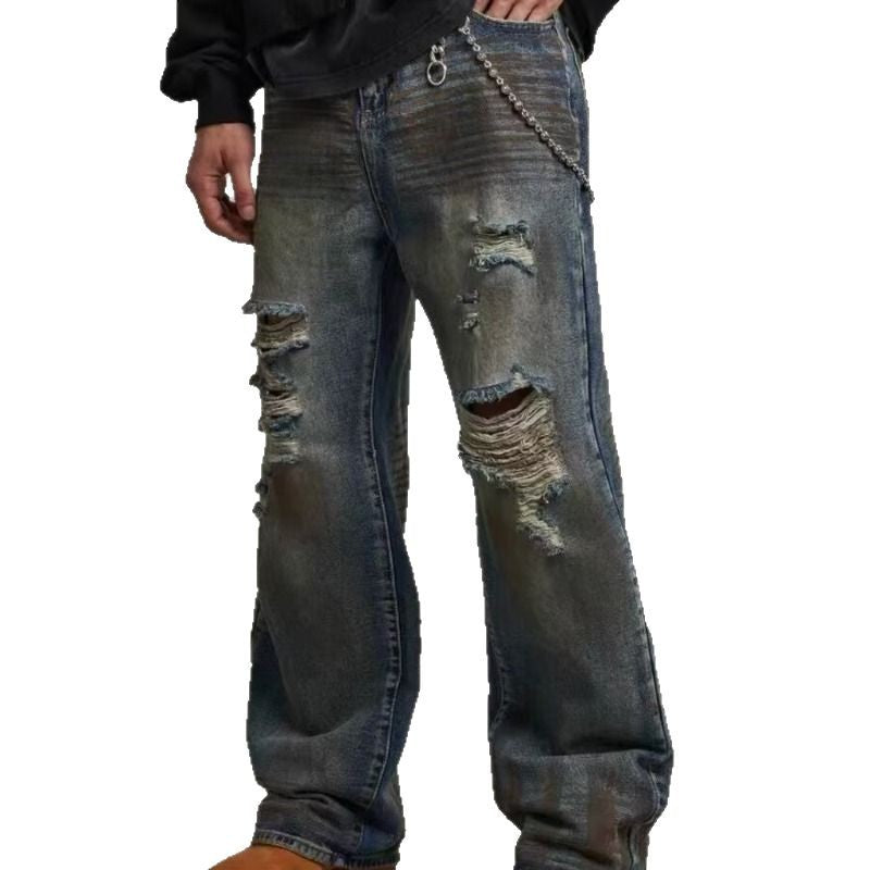 Men's Loose Straight Slim-fit Waste Soil Blue With Holes Jeans
