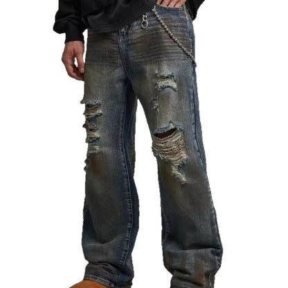 Men's Loose Straight Slim-fit Waste Soil Blue With Holes Jeans