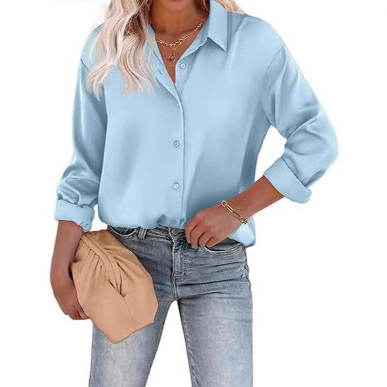 Women's Satin Top Long Sleeve Button Shirt