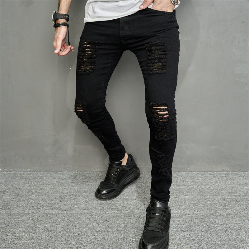 Skinny Men's Leisure Ripped Denim Feet Personality Trendy Jeans
