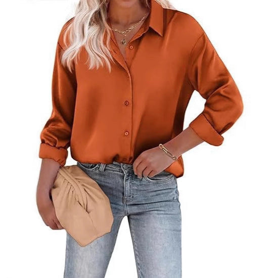 Women's Satin Top Long Sleeve Button Shirt