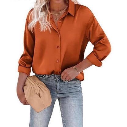 Women's Satin Top Long Sleeve Button Shirt