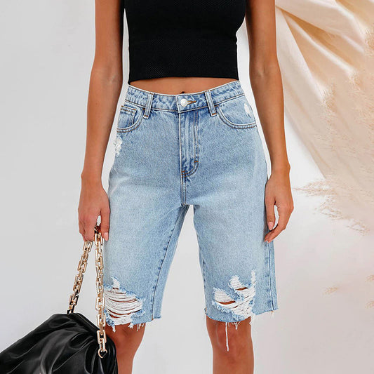 High Elastic Mid-waist Ripped Jeans
