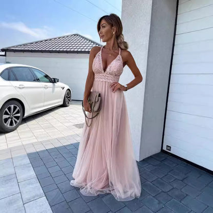 Mesh Deep V Formal Dress