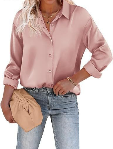 Women's Satin Top Long Sleeve Button Shirt