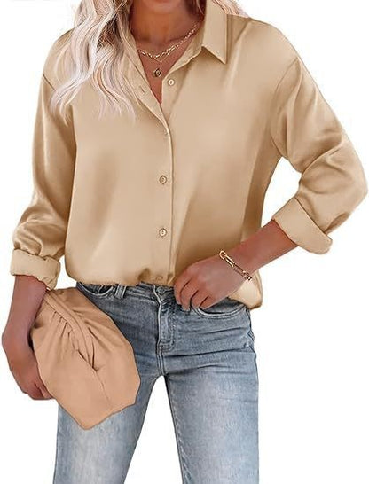 Women's Satin Top Long Sleeve Button Shirt