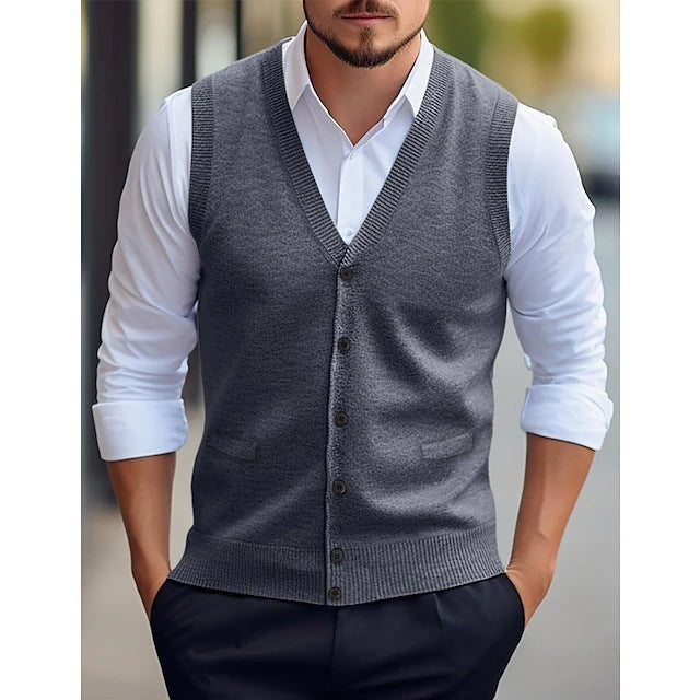 Sleeveless Wool Knit Cardigan Men's Vest