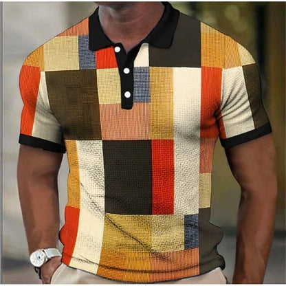 Men's Button Polo Shirt Plaid Lapel T-Shirt