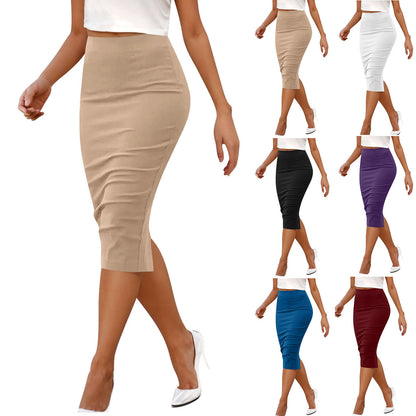 Pure Color Tight Hip Zipper Suit Skirt Mid-length