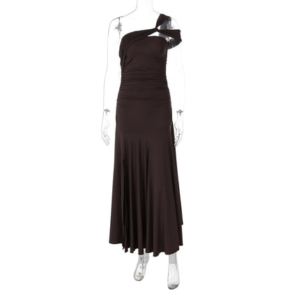 Cold-shoulder Bodycon Pleated Long Dress