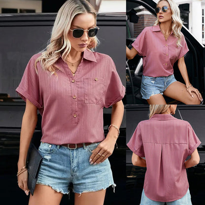 European And American Women's Lapel Button Casual Pocket Loose Tops