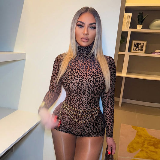 Half Turtleneck Leopard Slim Fit Hip Dress