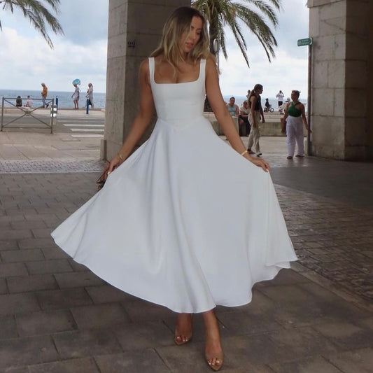 Square-neck Waist Trimming Sling Dress