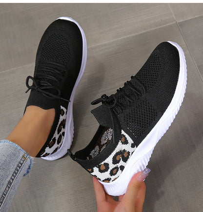 Nice White Shoes Women Leopard Print Lace-up Sneakers Sports
