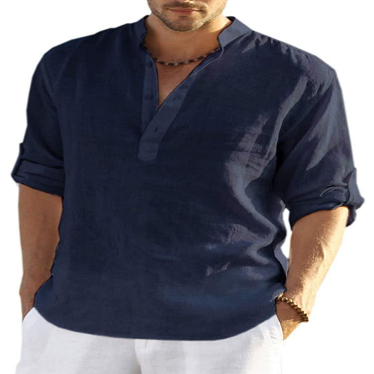 Cotton Linen Long Sleeve Shirt Loose Stand Collar