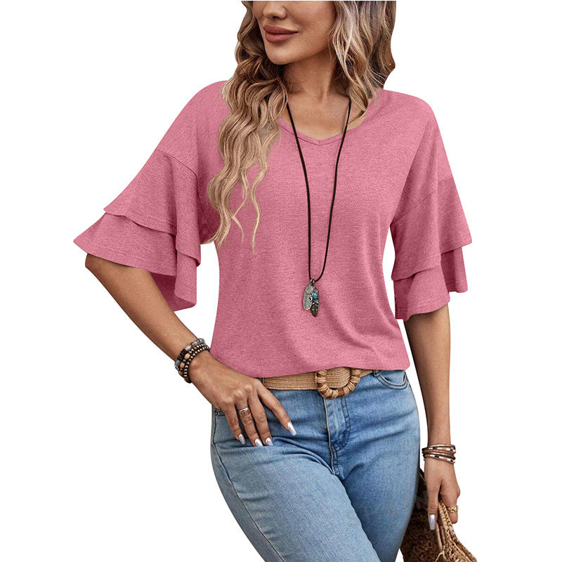 Loose V-neck Ruffle Sleeve Tops Women's Clothing