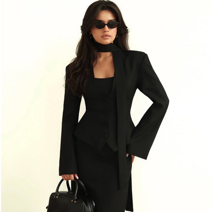 V-neck Scarf Decorate Long Sleeve Suit Coat