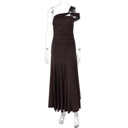 Cold-shoulder Bodycon Pleated Long Dress
