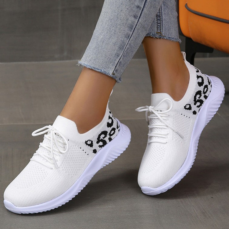 Nice White Shoes Women Leopard Print Lace-up Sneakers Sports