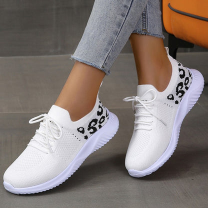Nice White Shoes Women Leopard Print Lace-up Sneakers Sports