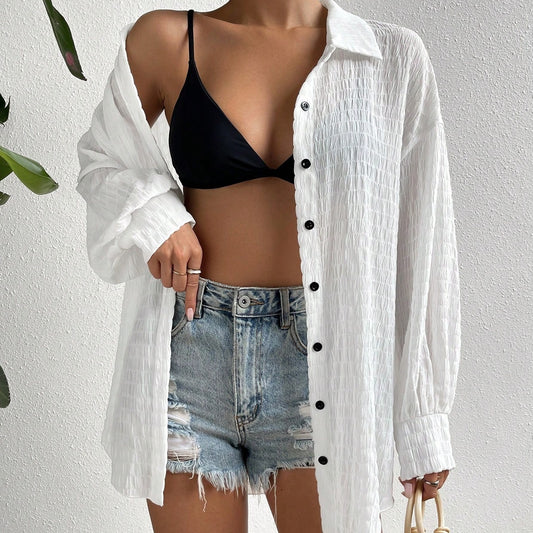 Women's Drop Shoulder Button Front, Long Sleeve Tops