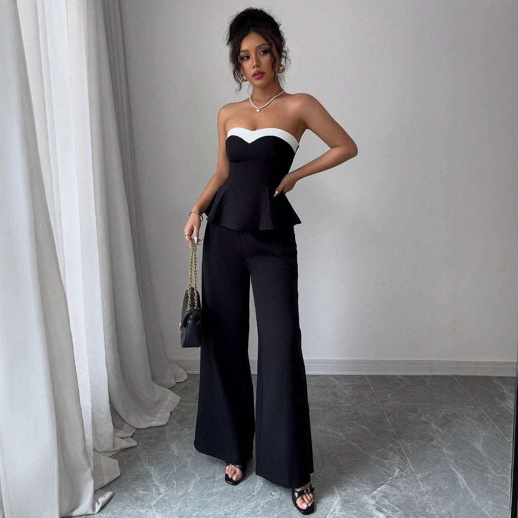 Women's Elegant Stitching Off-the-shoulder Vest Wide-leg Trousers