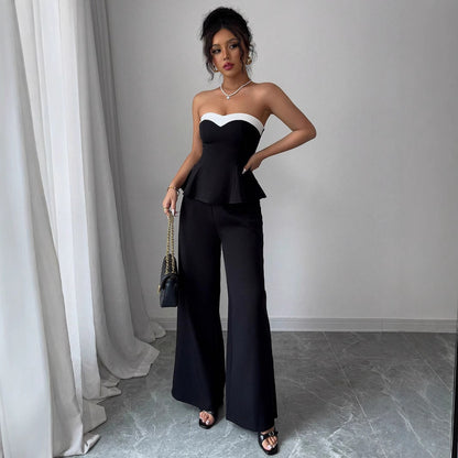 Women's Elegant Stitching Off-the-shoulder Vest Wide-leg Trousers