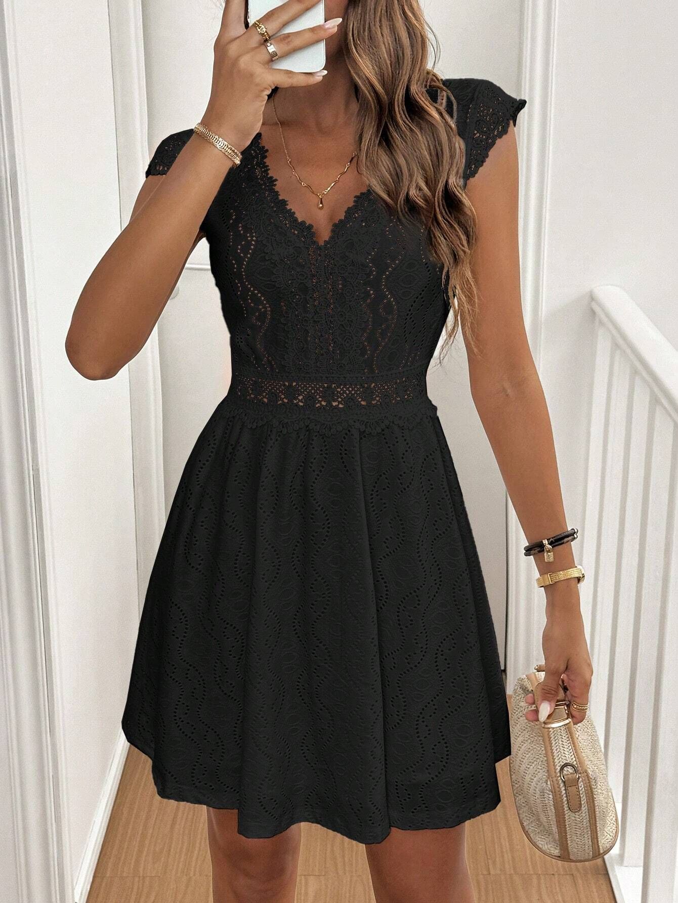 Knitted Hollow Out V-neck Stretch Lace Skirt Dress