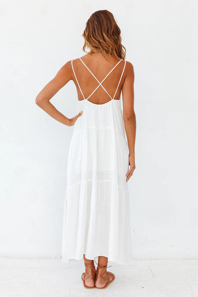Polyester Carbell Maxi White Dress