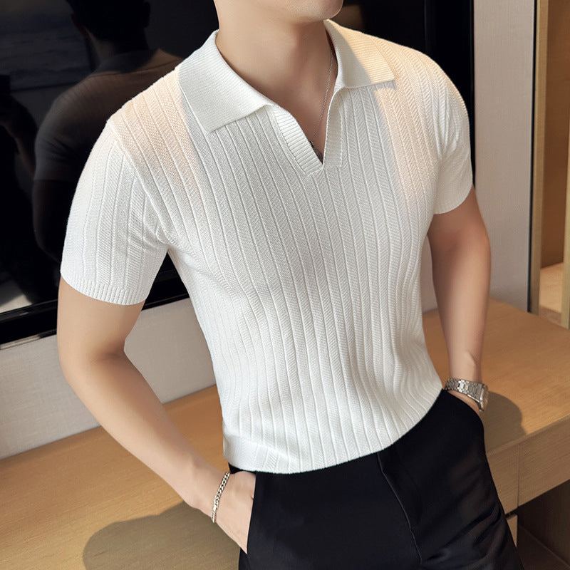 V-neck Knitted Lapel Short-sleeved Thin Men's T-Shirt