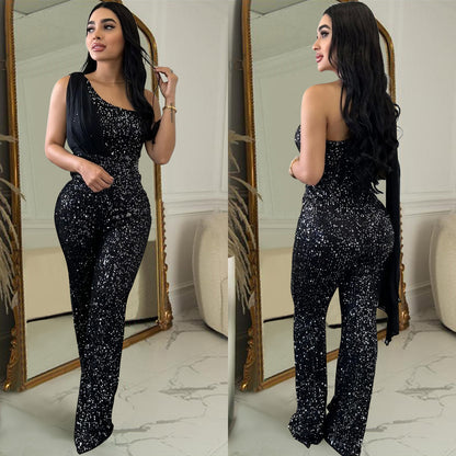 One-shoulder Sequined Trousers Jumpsuit