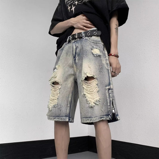 Tattered Jeans Denim Shorts Wide Leg