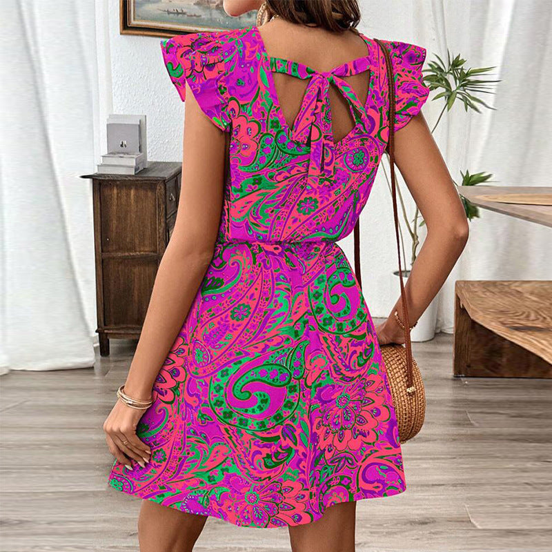Ruffle Sleeve Slim Fit A- Line Midi Dress