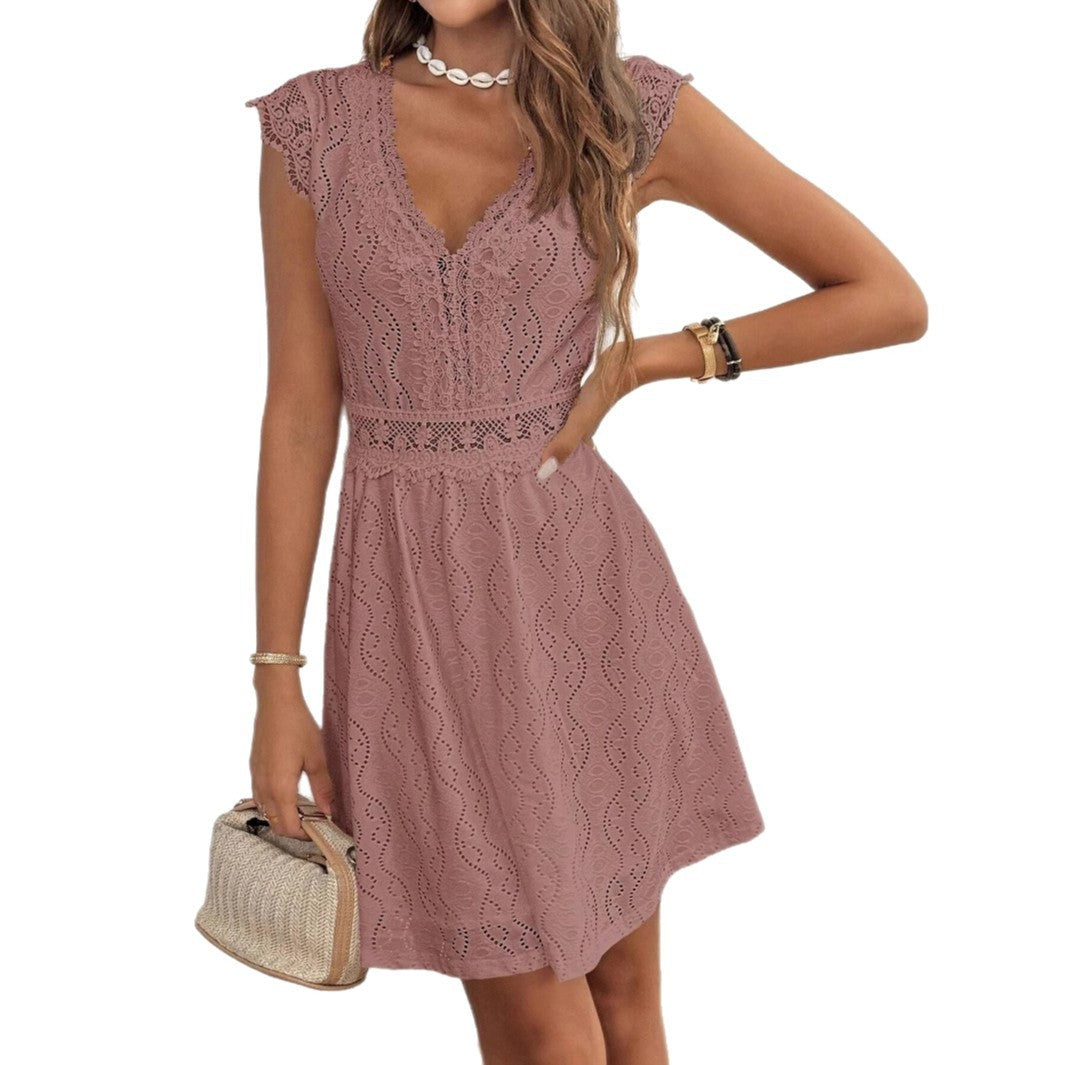 Knitted Hollow Out V-neck Stretch Lace Skirt Dress