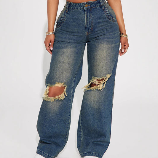 Heavy-duty Ripped Wide-legged Jeans