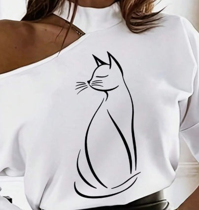 Women's White Long Sleeve Cartoon Tops