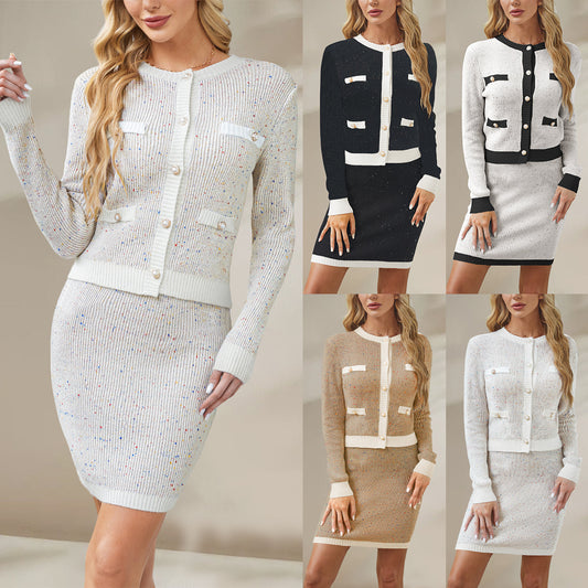 Knitted Cardigan Pocket Button Suit