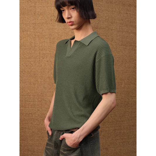 Polo  Style Collar Stripes Ice Silk T-Shirt