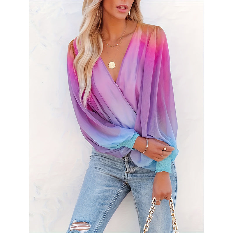 Womens V Neck Gradient Color Long Sleeve