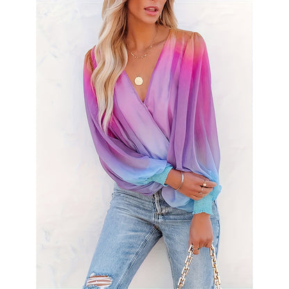 Womens V Neck Gradient Color Long Sleeve