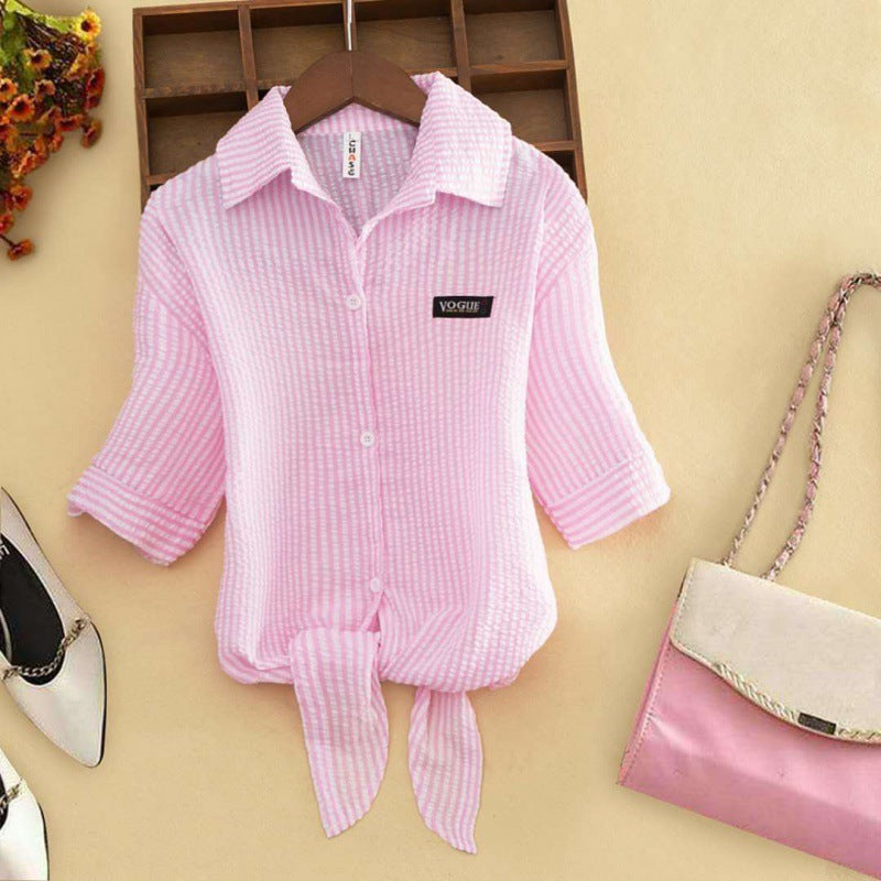 Elegant Striped Thin Shirt Women's Bow Outer Tops