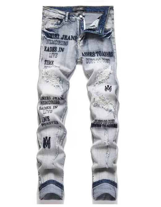 Men's Punk Retro Blue Ripped Slim Feet Jeans