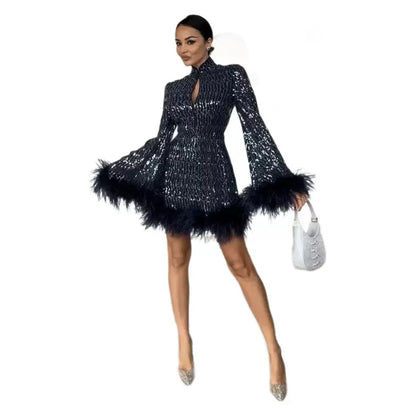 Sexy Button Hollow-out Slim-fit Sequined Fluff Skirt